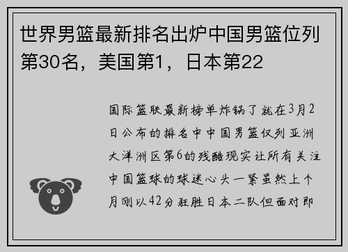 世界男篮最新排名出炉中国男篮位列第30名，美国第1，日本第22